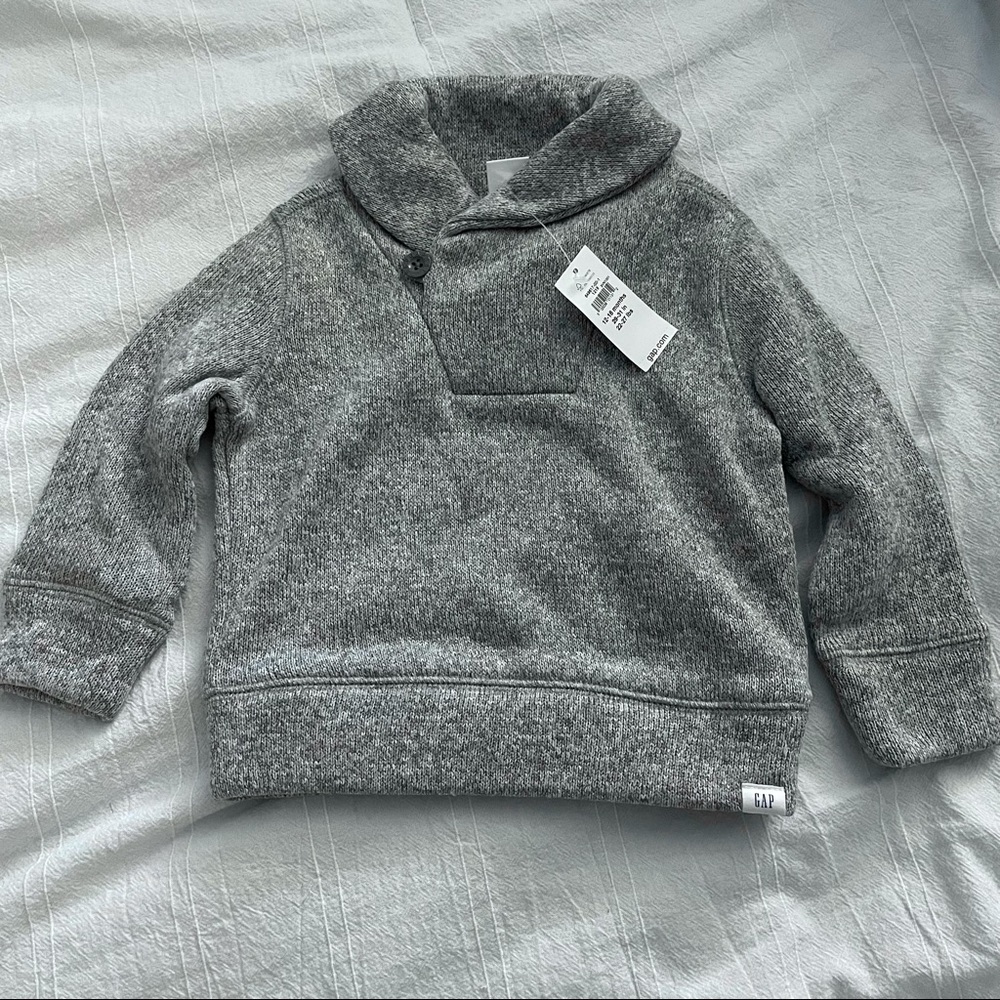 NWT Baby Gap Grey Shawl Neck Fleece Sweater 12-18 months